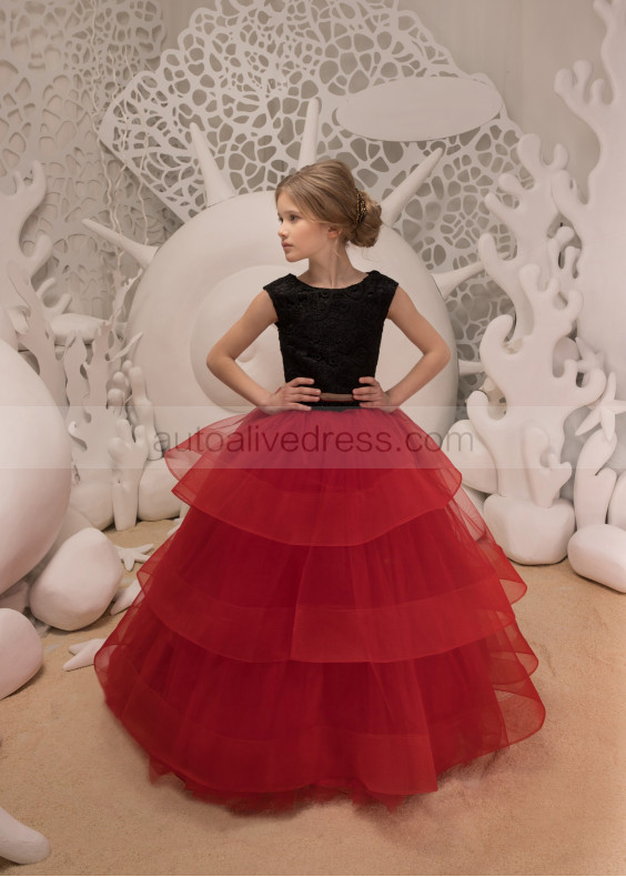 Two Pieces Black And Red Lace Tulle Flower Girl Dress Two Pieces Black And Red Lace Tulle Flower Girl Dress